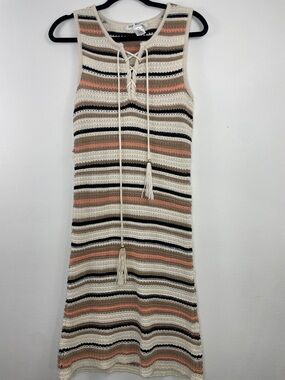 Crochet Stripe Lace-Up Midi Dress in Cream, Peach & Black